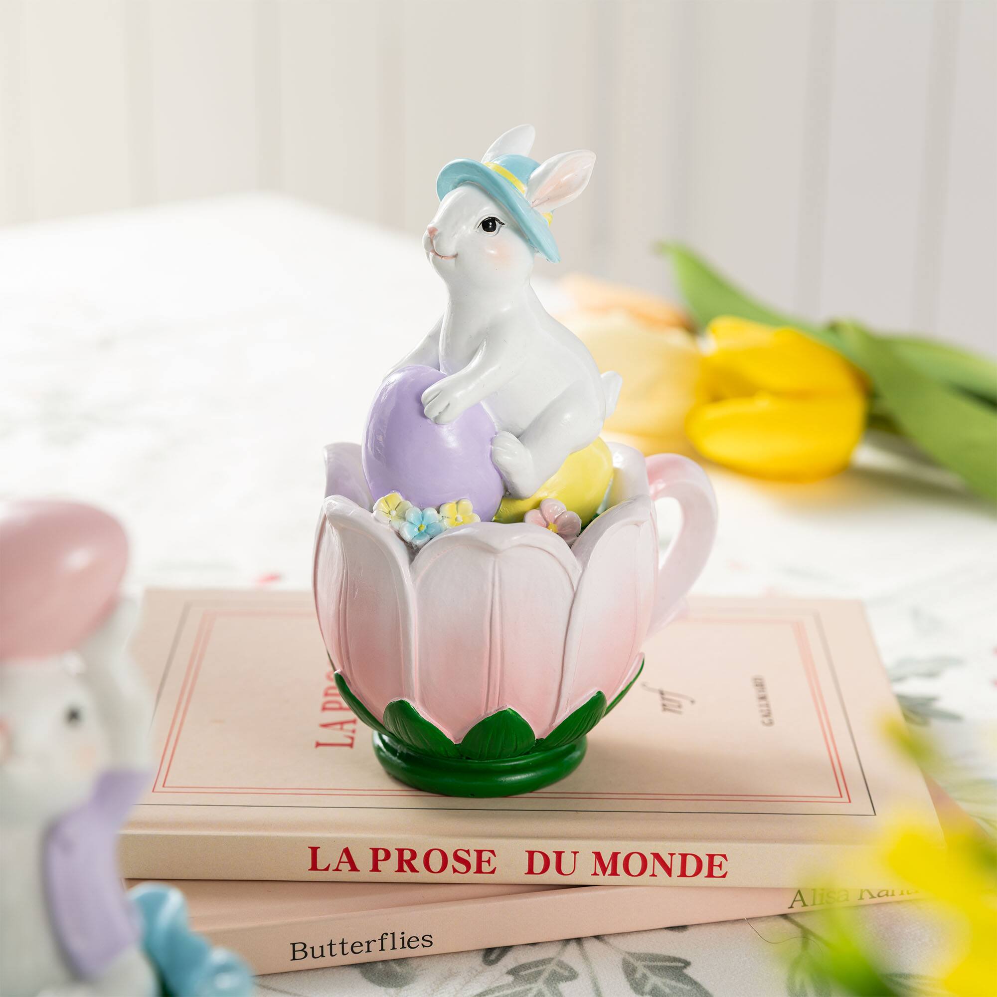 Glitzhome® Set of 2 Easter Resin Bunny on Tulip Mug Table Decor